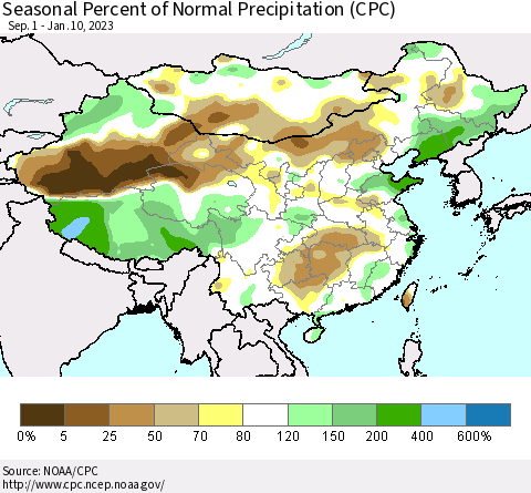 China, Mongolia and Taiwan Seasonal Percent of Normal Precipitation (CPC) Thematic Map For 9/1/2022 - 1/10/2023