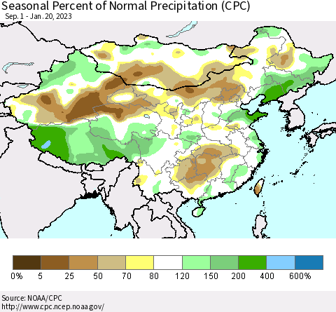 China, Mongolia and Taiwan Seasonal Percent of Normal Precipitation (CPC) Thematic Map For 9/1/2022 - 1/20/2023