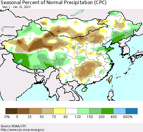 China, Mongolia and Taiwan Seasonal Percent of Normal Precipitation (CPC) Thematic Map For 9/1/2022 - 1/31/2023
