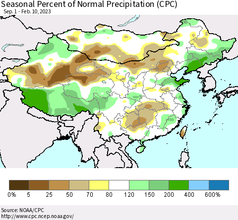 China, Mongolia and Taiwan Seasonal Percent of Normal Precipitation (CPC) Thematic Map For 9/1/2022 - 2/10/2023
