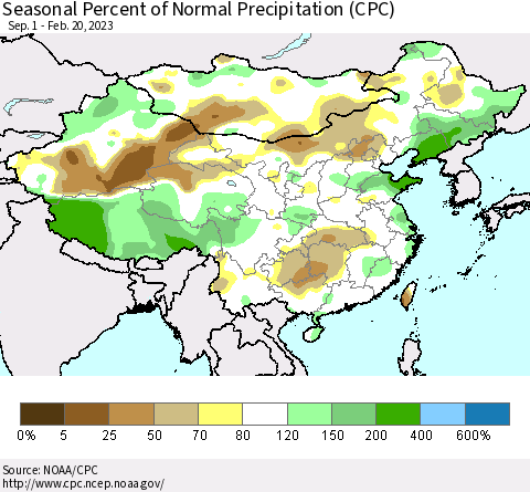 China, Mongolia and Taiwan Seasonal Percent of Normal Precipitation (CPC) Thematic Map For 9/1/2022 - 2/20/2023
