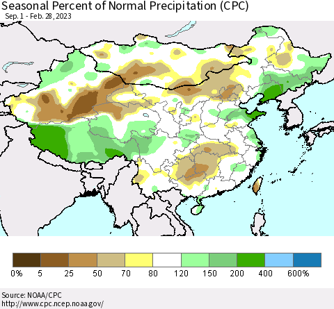 China, Mongolia and Taiwan Seasonal Percent of Normal Precipitation (CPC) Thematic Map For 9/1/2022 - 2/28/2023