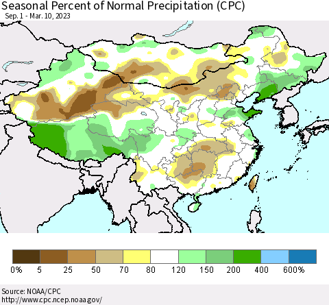 China, Mongolia and Taiwan Seasonal Percent of Normal Precipitation (CPC) Thematic Map For 9/1/2022 - 3/10/2023