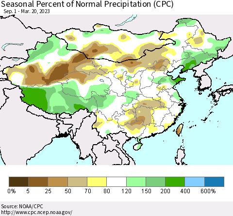 China, Mongolia and Taiwan Seasonal Percent of Normal Precipitation (CPC) Thematic Map For 9/1/2022 - 3/20/2023