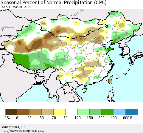 China, Mongolia and Taiwan Seasonal Percent of Normal Precipitation (CPC) Thematic Map For 9/1/2022 - 3/31/2023