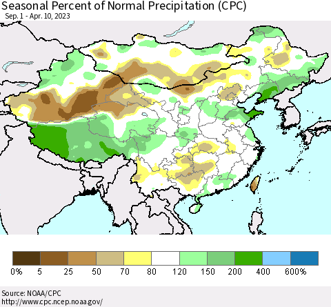 China, Mongolia and Taiwan Seasonal Percent of Normal Precipitation (CPC) Thematic Map For 9/1/2022 - 4/10/2023