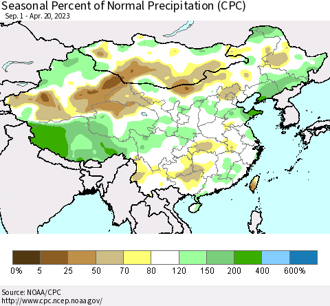 China, Mongolia and Taiwan Seasonal Percent of Normal Precipitation (CPC) Thematic Map For 9/1/2022 - 4/20/2023