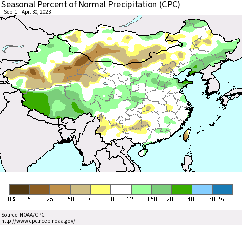 China, Mongolia and Taiwan Seasonal Percent of Normal Precipitation (CPC) Thematic Map For 9/1/2022 - 4/30/2023