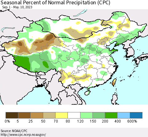China, Mongolia and Taiwan Seasonal Percent of Normal Precipitation (CPC) Thematic Map For 9/1/2022 - 5/10/2023