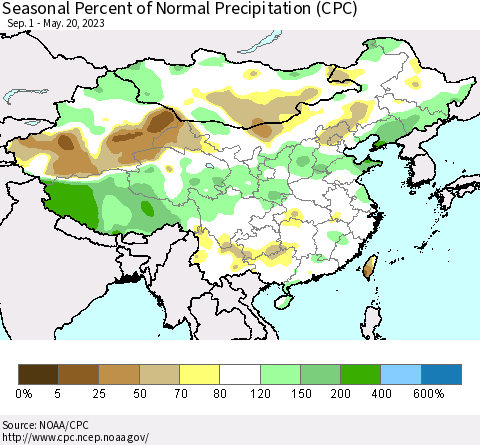 China, Mongolia and Taiwan Seasonal Percent of Normal Precipitation (CPC) Thematic Map For 9/1/2022 - 5/20/2023