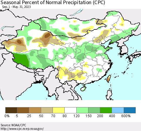 China, Mongolia and Taiwan Seasonal Percent of Normal Precipitation (CPC) Thematic Map For 9/1/2022 - 5/31/2023