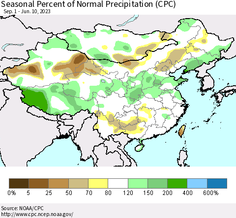 China, Mongolia and Taiwan Seasonal Percent of Normal Precipitation (CPC) Thematic Map For 9/1/2022 - 6/10/2023