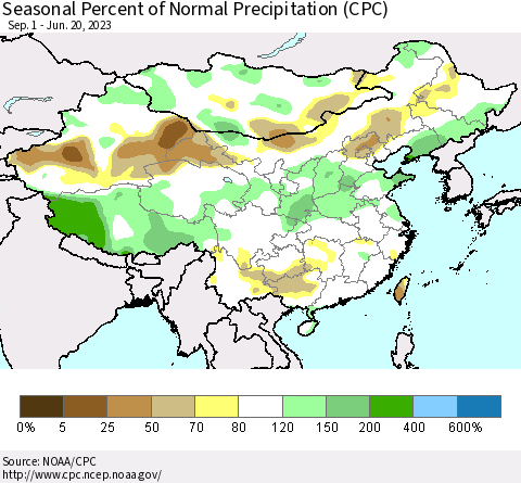 China, Mongolia and Taiwan Seasonal Percent of Normal Precipitation (CPC) Thematic Map For 9/1/2022 - 6/20/2023