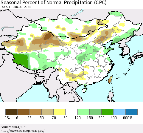 China, Mongolia and Taiwan Seasonal Percent of Normal Precipitation (CPC) Thematic Map For 9/1/2022 - 6/30/2023