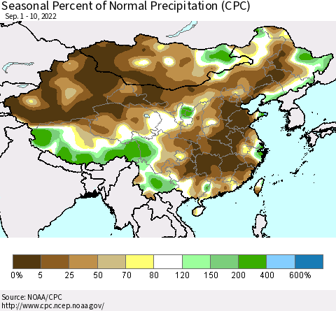 China, Mongolia and Taiwan Seasonal Percent of Normal Precipitation (CPC) Thematic Map For 9/1/2022 - 9/10/2022