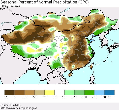 China, Mongolia and Taiwan Seasonal Percent of Normal Precipitation (CPC) Thematic Map For 9/1/2022 - 9/20/2022