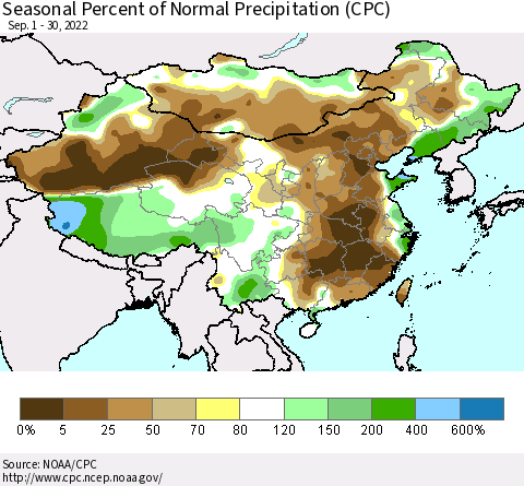 China, Mongolia and Taiwan Seasonal Percent of Normal Precipitation (CPC) Thematic Map For 9/1/2022 - 9/30/2022