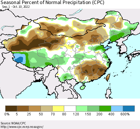 China, Mongolia and Taiwan Seasonal Percent of Normal Precipitation (CPC) Thematic Map For 9/1/2022 - 10/10/2022