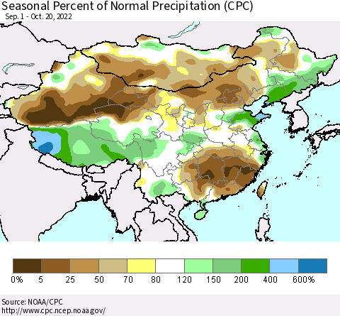 China, Mongolia and Taiwan Seasonal Percent of Normal Precipitation (CPC) Thematic Map For 9/1/2022 - 10/20/2022