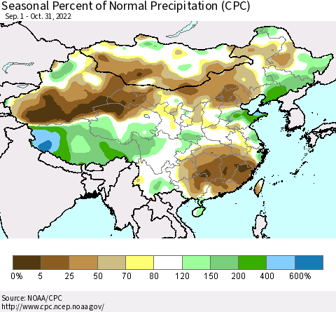 China, Mongolia and Taiwan Seasonal Percent of Normal Precipitation (CPC) Thematic Map For 9/1/2022 - 10/31/2022