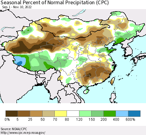 China, Mongolia and Taiwan Seasonal Percent of Normal Precipitation (CPC) Thematic Map For 9/1/2022 - 11/10/2022