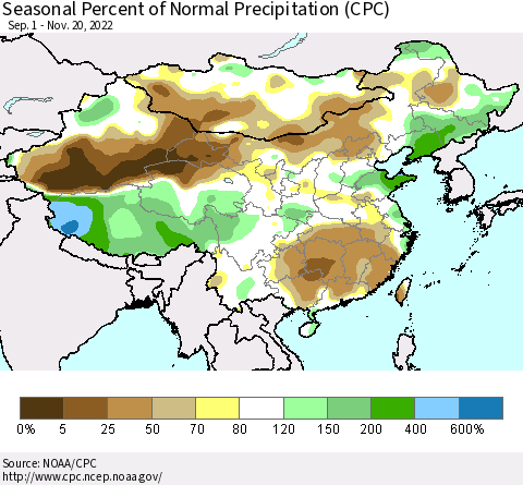 China, Mongolia and Taiwan Seasonal Percent of Normal Precipitation (CPC) Thematic Map For 9/1/2022 - 11/20/2022