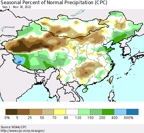 China, Mongolia and Taiwan Seasonal Percent of Normal Precipitation (CPC) Thematic Map For 9/1/2022 - 11/30/2022
