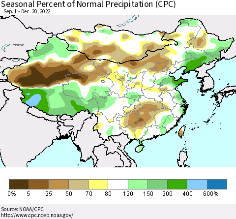 China, Mongolia and Taiwan Seasonal Percent of Normal Precipitation (CPC) Thematic Map For 9/1/2022 - 12/20/2022