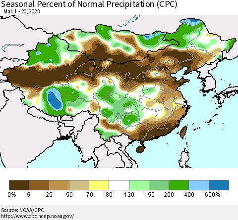 China, Mongolia and Taiwan Seasonal Percent of Normal Precipitation (CPC) Thematic Map For 3/1/2023 - 3/20/2023