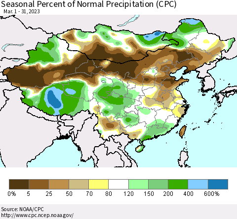 China, Mongolia and Taiwan Seasonal Percent of Normal Precipitation (CPC) Thematic Map For 3/1/2023 - 3/31/2023