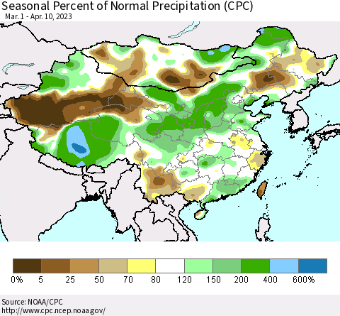 China, Mongolia and Taiwan Seasonal Percent of Normal Precipitation (CPC) Thematic Map For 3/1/2023 - 4/10/2023