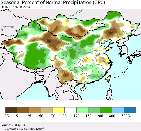 China, Mongolia and Taiwan Seasonal Percent of Normal Precipitation (CPC) Thematic Map For 3/1/2023 - 4/20/2023