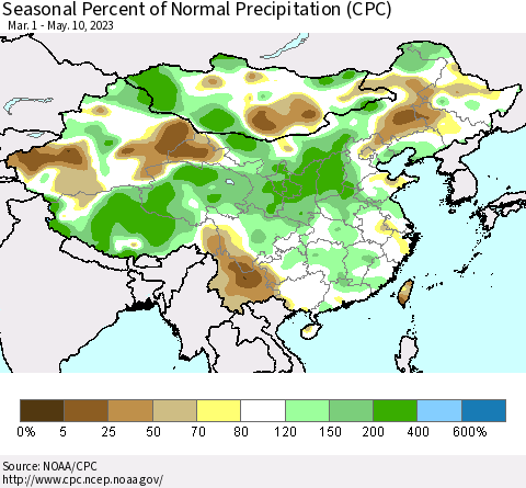 China, Mongolia and Taiwan Seasonal Percent of Normal Precipitation (CPC) Thematic Map For 3/1/2023 - 5/10/2023