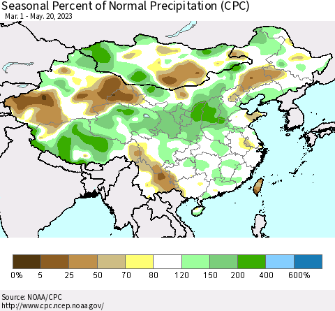 China, Mongolia and Taiwan Seasonal Percent of Normal Precipitation (CPC) Thematic Map For 3/1/2023 - 5/20/2023