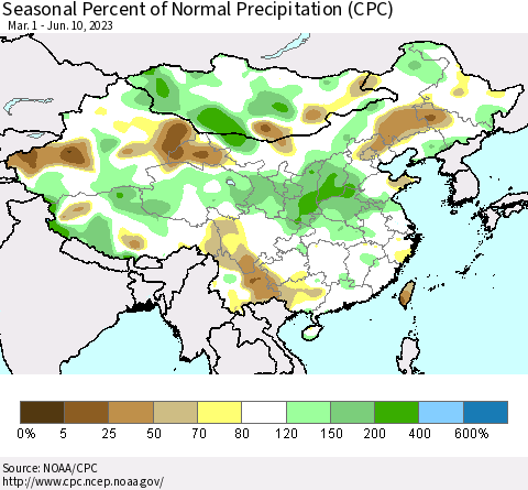 China, Mongolia and Taiwan Seasonal Percent of Normal Precipitation (CPC) Thematic Map For 3/1/2023 - 6/10/2023