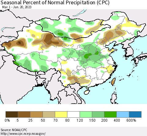 China, Mongolia and Taiwan Seasonal Percent of Normal Precipitation (CPC) Thematic Map For 3/1/2023 - 6/20/2023