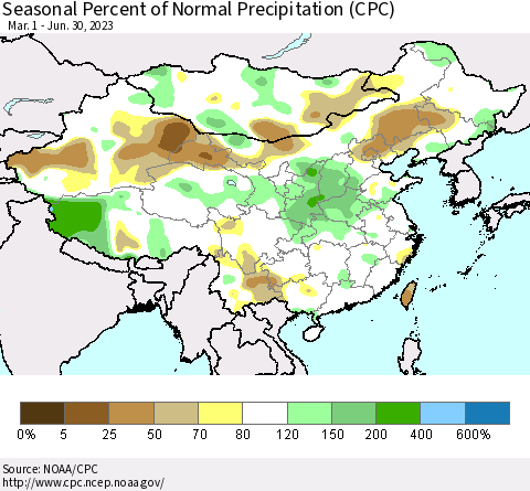 China, Mongolia and Taiwan Seasonal Percent of Normal Precipitation (CPC) Thematic Map For 3/1/2023 - 6/30/2023