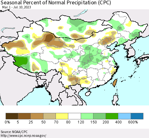 China, Mongolia and Taiwan Seasonal Percent of Normal Precipitation (CPC) Thematic Map For 3/1/2023 - 7/10/2023