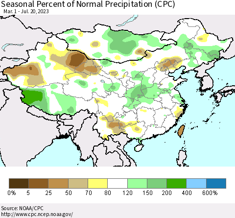 China, Mongolia and Taiwan Seasonal Percent of Normal Precipitation (CPC) Thematic Map For 3/1/2023 - 7/20/2023