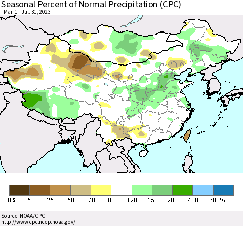 China, Mongolia and Taiwan Seasonal Percent of Normal Precipitation (CPC) Thematic Map For 3/1/2023 - 7/31/2023