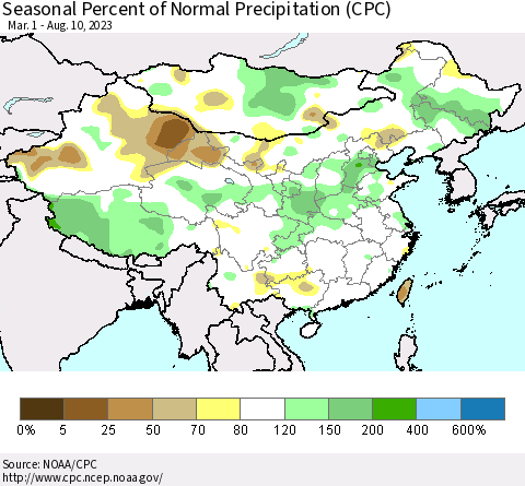 China, Mongolia and Taiwan Seasonal Percent of Normal Precipitation (CPC) Thematic Map For 3/1/2023 - 8/10/2023