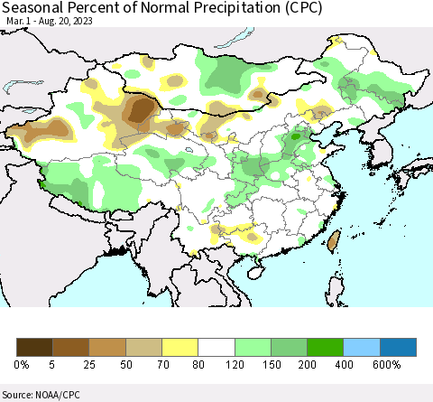 China, Mongolia and Taiwan Seasonal Percent of Normal Precipitation (CPC) Thematic Map For 3/1/2023 - 8/20/2023