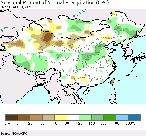 China, Mongolia and Taiwan Seasonal Percent of Normal Precipitation (CPC) Thematic Map For 3/1/2023 - 8/31/2023