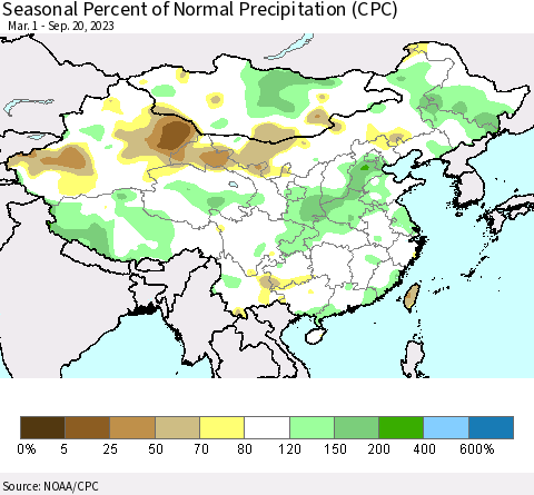 China, Mongolia and Taiwan Seasonal Percent of Normal Precipitation (CPC) Thematic Map For 3/1/2023 - 9/20/2023