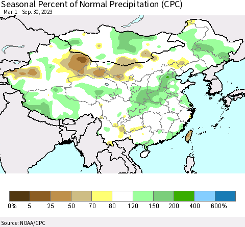 China, Mongolia and Taiwan Seasonal Percent of Normal Precipitation (CPC) Thematic Map For 3/1/2023 - 9/30/2023