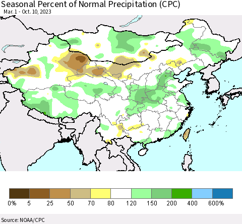 China, Mongolia and Taiwan Seasonal Percent of Normal Precipitation (CPC) Thematic Map For 3/1/2023 - 10/10/2023
