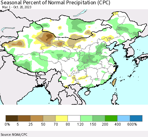 China, Mongolia and Taiwan Seasonal Percent of Normal Precipitation (CPC) Thematic Map For 3/1/2023 - 10/20/2023