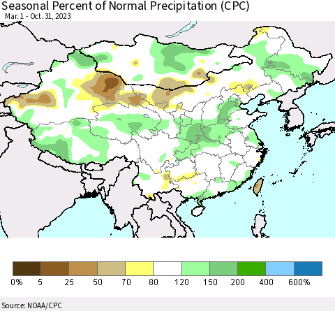 China, Mongolia and Taiwan Seasonal Percent of Normal Precipitation (CPC) Thematic Map For 3/1/2023 - 10/31/2023