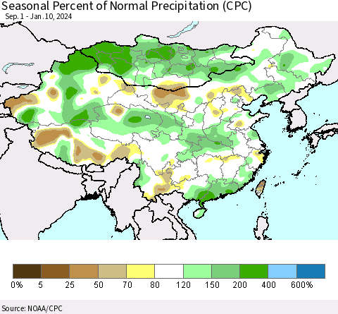 China, Mongolia and Taiwan Seasonal Percent of Normal Precipitation (CPC) Thematic Map For 9/1/2023 - 1/10/2024