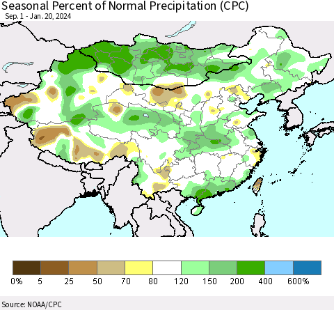China, Mongolia and Taiwan Seasonal Percent of Normal Precipitation (CPC) Thematic Map For 9/1/2023 - 1/20/2024